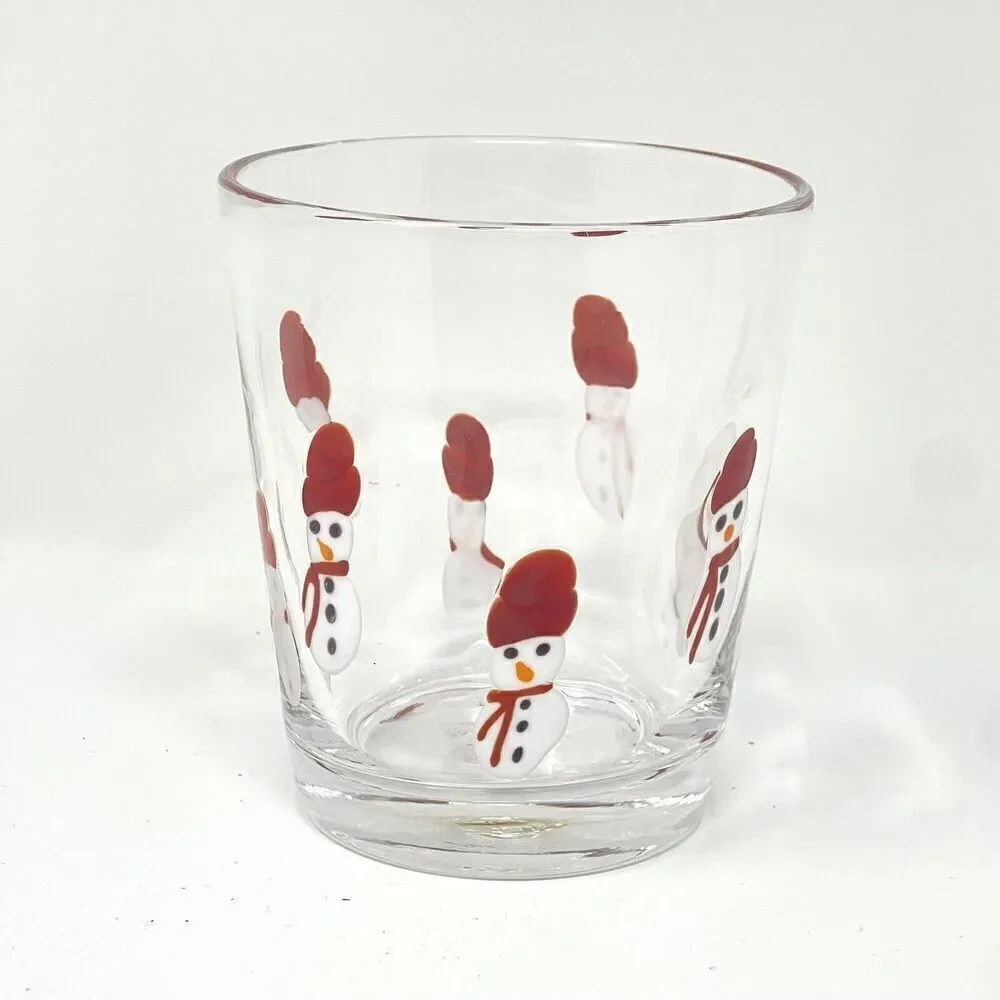 Crate & Barrel Handblown Snowman Fused Glass Tumbler Double Old Fashioned
